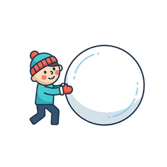 Child pushing a giant snowball across the ground