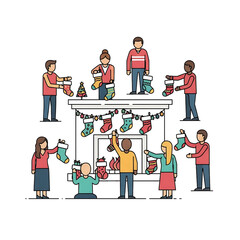 People decorating a large fireplace together.