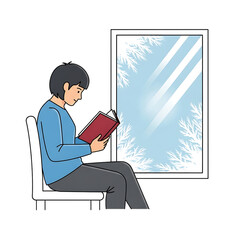 Person reading a book near frosty window.