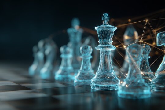 Close-up shot of chess pieces on a reflective board with a futuristic neon design. Concept for strategy, business leadership and game