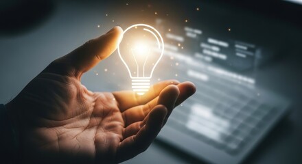 Hand holding glowing digital lightbulb concept over blurred technology background