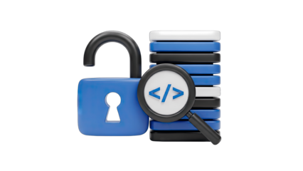 Data Security: Unlocked Padlock, Code Search, and Database Concept