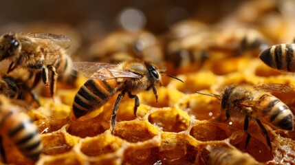 Close-Up of Bees Collecting Nectar on a Honeycomb with Glimmering Honey Droplets and Intricate Hexagonal Patterns in Nature's Pollination Habitat