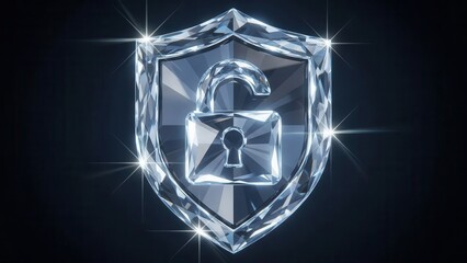 A glistening diamond shield with an open padlock symbolizes premium data security, robust protection, and unrestricted digital access on a dark background.