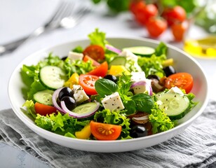 A vibrant, healthy salad of mixed greens, tomatoes, cucumbers, olives, and cheese in a white bowl, ready to eat