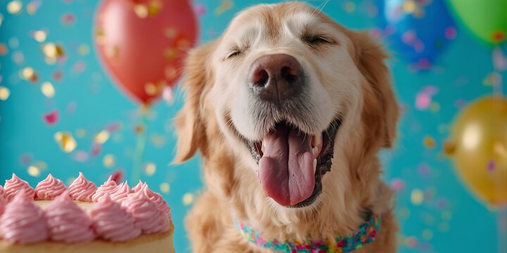 Happy golden retriever dog celebrating birthday party with pink cake and colorful balloons. Concept for pet birthday, animal celebration and fun lifestyle