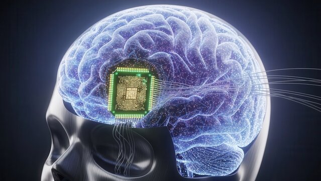 A futuristic human brain integrated with an advanced glowing microchip, symbolizing artificial intelligence, neurotechnology, and cognitive enhancement.