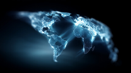 A futuristic digital world map forming the shape of planet Earth, composed of glowing dots, lines, and data streams. Global network visualization with continents connected by vertical light lines, sym