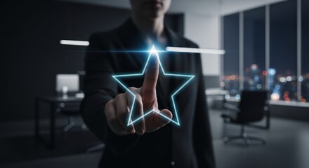 Business person touches glowing star interface in dark office setting.