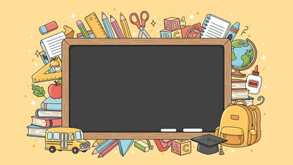 Blank chalkboard blackboard surrounded by school supplies and educational elements, ready for text or drawings