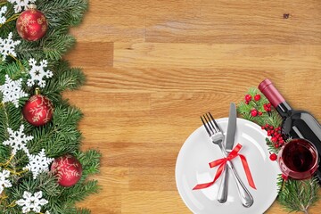 Christmas table with setting and christmas decorations