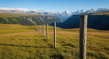 Fototapeta premium Wooden fence posts line a grassy field with a dramatic mountain valley in the background