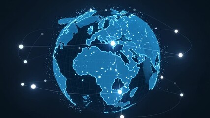 Digital earth globe spinning with interconnected network nodes representing global communication technology data exchange and internet connectivity over dark background - Powered by Adobe