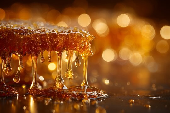Close-up of golden honey dripping from honeycomb with a blurred bokeh background. Concept for healthy eating, natural sweetness and apitherapy