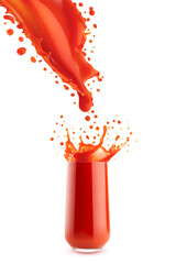 Fresh red tomato juice flow pour in glass with bright flying drops, splashes of juice, isolated. Healthy organic drink for detox diet menu, fitness food advertising, cuisine or restaurant, poster.