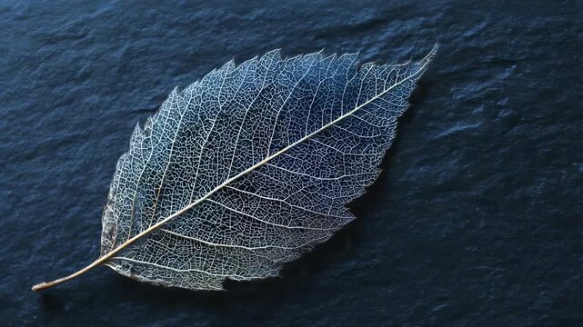 Detailed closeup of a delicate skeleton leaf on a dark textured background, showcasing intricate natural patterns. Macro photography highlights organic beauty and modern minimalism