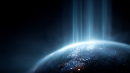 futuristic digital world map forming the shape of planet Earth, composed of glowing dots, lines, and data streams. Global network visualization with continents connected by vertical light lines, symbo