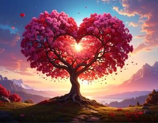A vibrant heart-shaped tree bathed in sunset glow, overlooking a tranquil landscape with mountains, creating a romantic scene