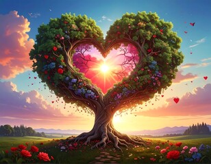 A vibrant heart-shaped tree bathed in sunset's glow, with blooms and falling hearts, set in a scenic landscape