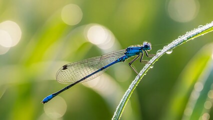 Blue damselfly perched on wet green blade of grass, macro