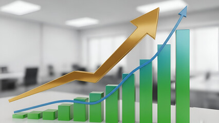 A professional 3D business financial bar chart and growth graph with a red arrow shows market data progress and company profit success on a white background