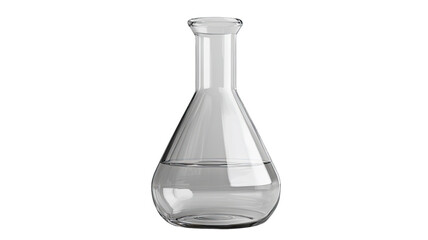 Clear glass laboratory flask with transparent liquid scientific chemistry equipment isolated on white background