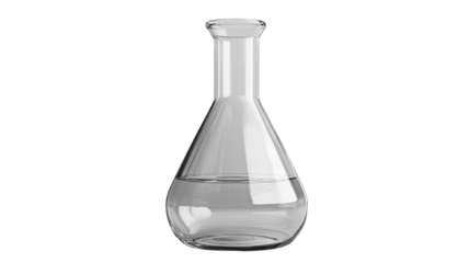 Clear glass laboratory flask with transparent liquid scientific chemistry equipment isolated on white background