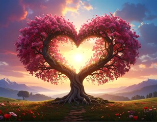 A vibrant heart-shaped tree blooms with pink flowers, framing a sunset. The landscape includes rolling hills and a path leading toward the light