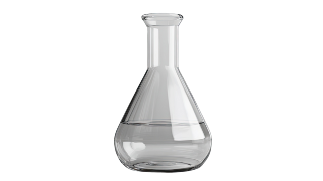 Clear glass laboratory flask with transparent liquid scientific chemistry equipment isolated on white background - Powered by Adobe