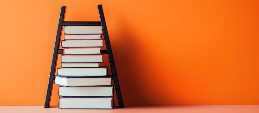 Stack of Books on Small Ladder Against Orange Wall Backdrop