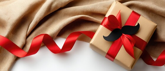 Gift box with red ribbon and mustache decoration offers greeting space for Father's Day celebration design