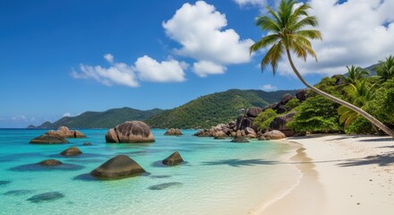 Idyllic tropical beach paradise with turquoise waters and lush green mountains under a blue sky