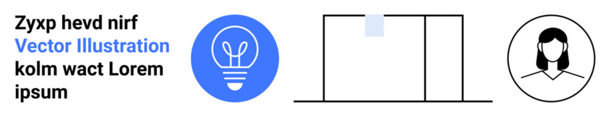 Innovation, creativity, technology, professional identity, structural design, user interface. Blue lightbulb icon, minimalistic box design female profile symbol. Innovation and creativity