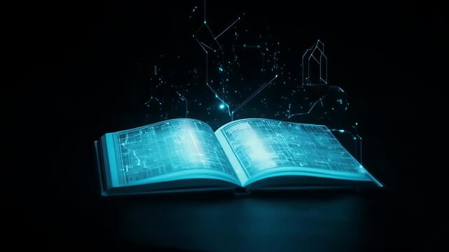 An open book, digital circuits etched in its pages, glow with digital energy