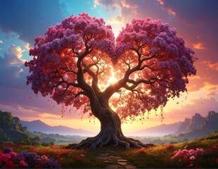 A vibrant heart-shaped tree with pink blossoms is bathed in warm sunlight. The scene includes rolling hills, mountains, and a colorful sunset