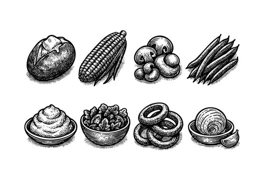 A collection of various hand-drawn food items in a detailed engraving style, including baked potato, corn, mushrooms, green beans, salad, sour cream, onion rings, and mashed potatoes &mdash; stock vector.