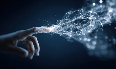 Finger touching glowing digital network structure against dark background.