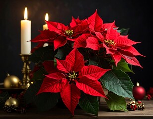A vibrant holiday still life, featuring bright red flower arrangements, lit candles, and decorative ornaments. Wooden table