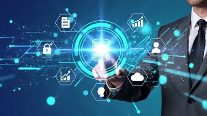 Business professional touching holographic database surrounded by connected hexagonal symbols including document, chart, security lock, user profile, cloud and analytics. Digital data management - Powered by Adobe