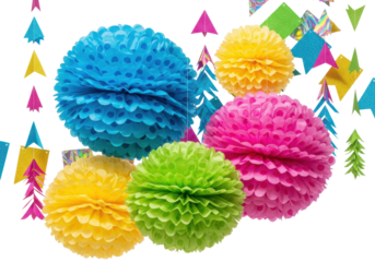 large, hyper-realistic tissue paper pom-poms with polka dots, stripes, and chevron patterns, clustered with metallic foil garlands against a bright white studio background. concept for professional