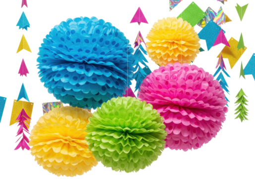 large, hyper-realistic tissue paper pom-poms with polka dots, stripes, and chevron patterns, clustered with metallic foil garlands against a bright white studio background. concept for professional - Powered by Adobe