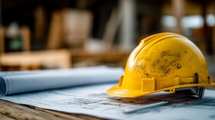 Close-Up of a Worn Yellow Hard Hat on Drafting Plans in an Industrial Workspace Under Natural Light with Blurred Background Elements