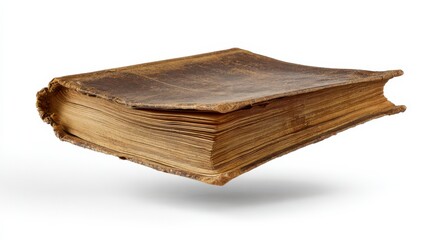 Ancient Tome in Solitude: An antique book, with its time-worn pages and leather cover, appears to float in a space of timeless knowledge, inviting one to delve into its historical narrative.