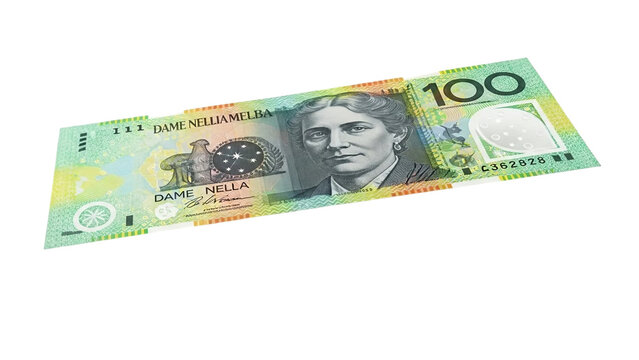 Australia Currency Illustration of 100 Dollar Note with Dame Nellie Melba, Lyrebird, and Security Features on Transparent Background