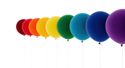 Photorealistic studio image of a long, linear row of suspended velvet party balloons precisely color-graded in a rainbow spectrum on a transparent cyclorama background, concept of high-end
