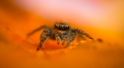 An aesthetically pleasing and eye-catching photograph of a spider against a background dominated by warm colors. The spider species is a jumping spider. Natural background. 