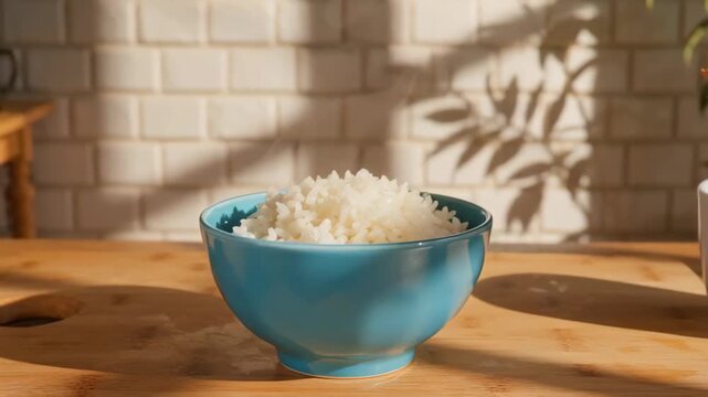 A blue bowl filled with steaming white rice, set on a wooden table illuminated by natural sunlight, with shadow patterns reflecting the ambiance