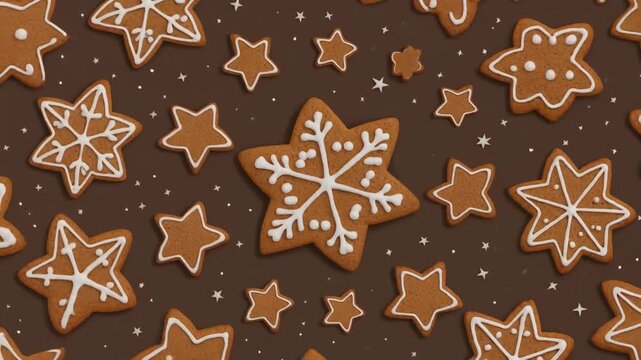 Festive brown background with snowflake and star-shaped gingerbread cookies decorated with white icing, perfect for holiday themes