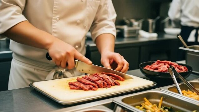Chef slicing raw meat on a cutting board in a professional kitchen.
