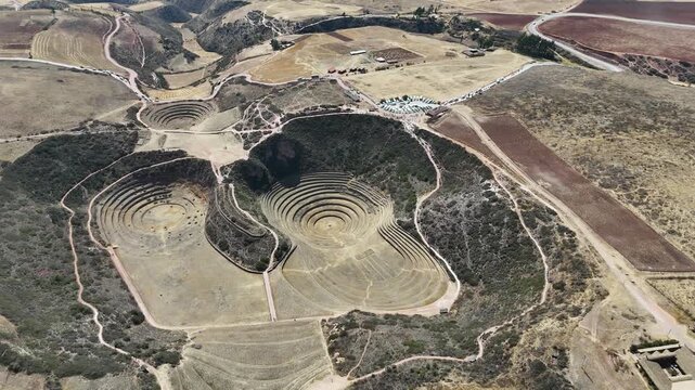 Aerial view showcasing the circular agricultural terraces of Moray, Peru.